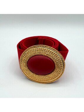 Vintage Day-Lor USA Red Stretch Belt Gold Tone Cabochon Buckle 42.5" Length